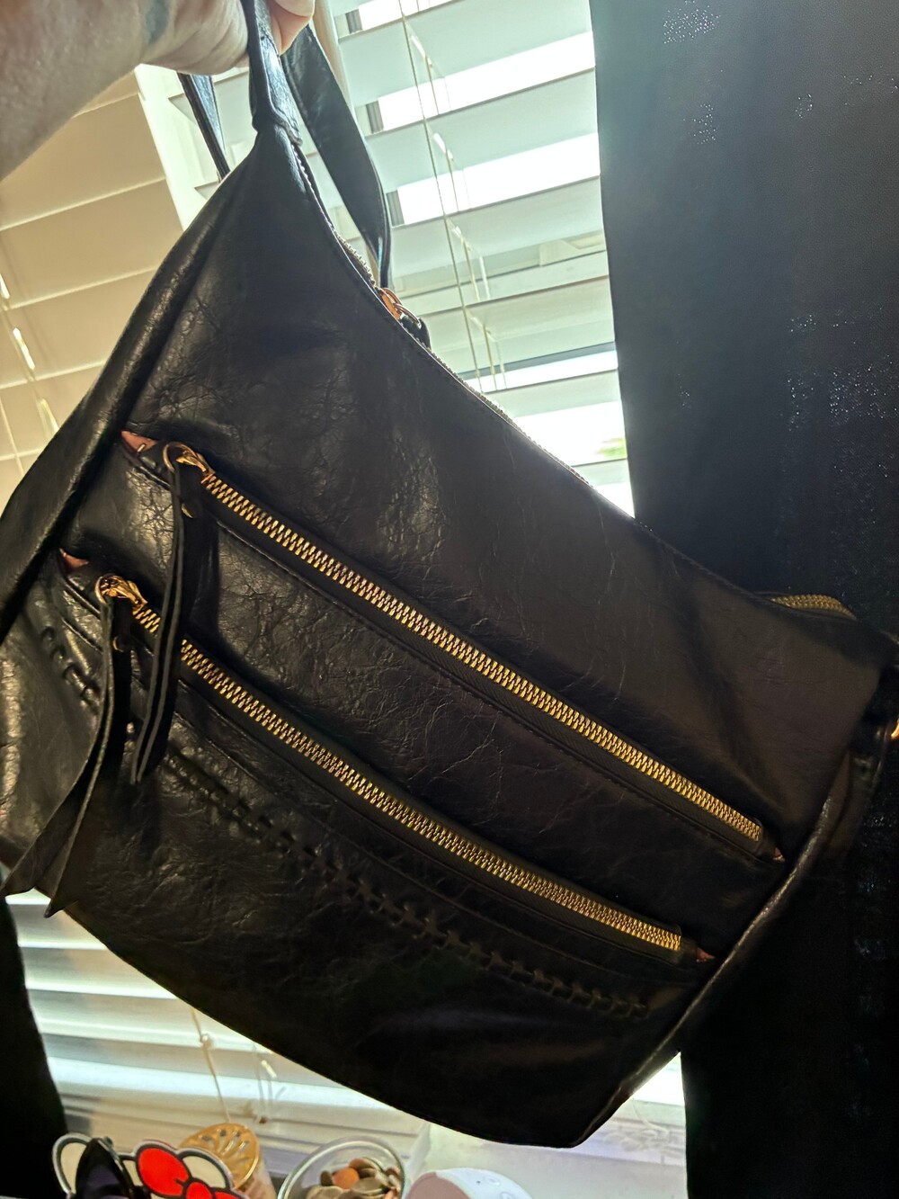 Black Faux Leather Multi Zip Crossbody Shoulder Bag Gold Tone Hardware
